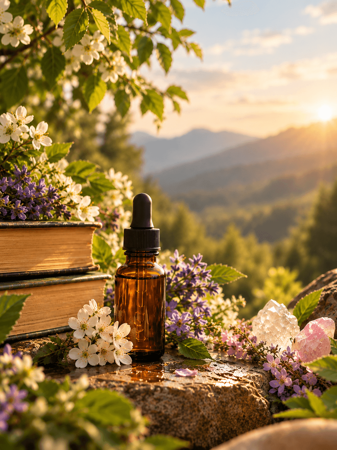 An amber dropper bottle on a rock, among white and lilac wild flowers, quartz crystals and old books, with mountains at sunset behind.